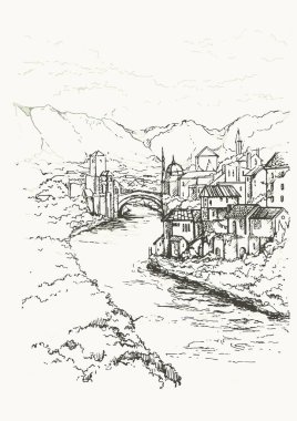 Mostar, Bosnia and Herzegovina. The Old Bridge, Stari Most, with emerald river Neretva.Cityscape Vector Illustration Line Sketched Up. Hand drawn sketch of European city on the bank of the river. clipart