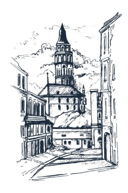 Cityscape kroki, vektör kroki. Mimari - Venedik şehir, Italy.Traditional street Avrupa şehirlerinden Illustration.Hand çizilmiş kroki.
