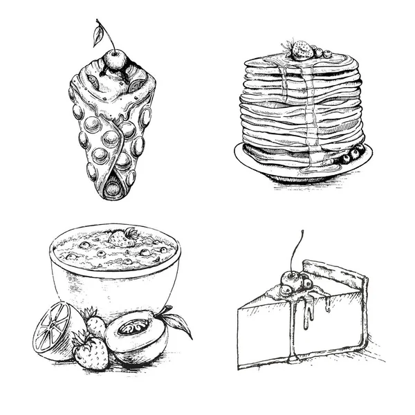 Schets Van Dessert Collectie Doodle Potlood Illustratie Van Taart Cheesecake — Stockvector