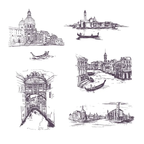 그래픽 스케치 이탈리아 도시의 그림의 집합입니다 일러스트 Venice 스케치 손으로 — 스톡 벡터