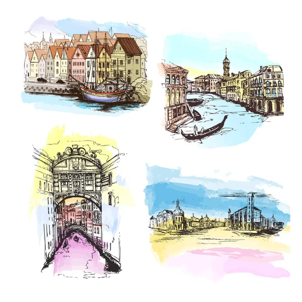 Set Cityscape Vector Illustratie Lijn Schetste Italy Venice Watercolor Hand — Stockvector