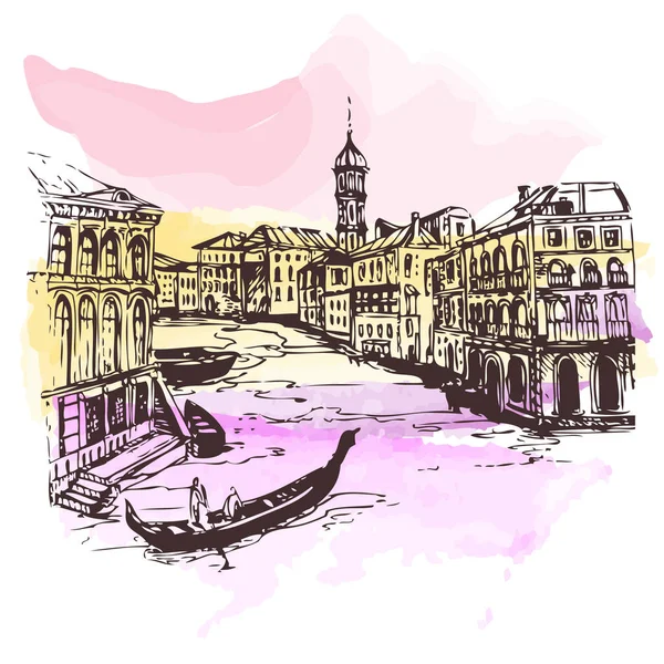 威尼斯大运河的 Venice Italy Vector 城市与房子和水 画在剪影样式 — 图库矢量图片