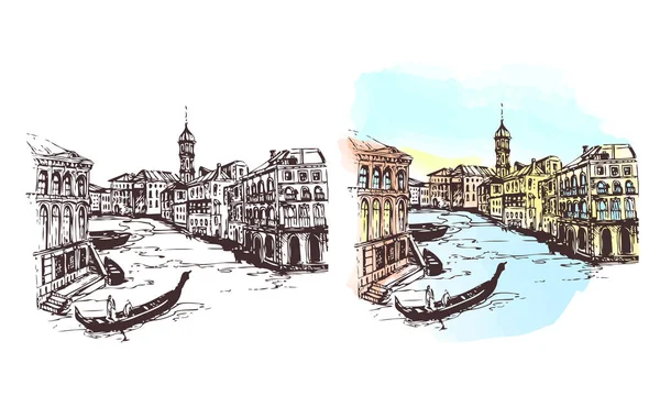 Grand Canal Venice.City içinde Venice.Italy.Vector Illustration evleri ve suyla, kroki tarzda çizilmiş. Cityscape.