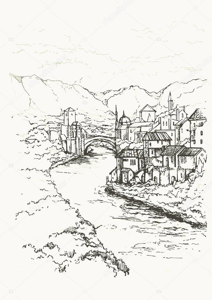 Mostar, Bosnia and Herzegovina. The Old Bridge, Stari Most, with emerald river Neretva.Cityscape Vector Illustration Line Sketched Up. Hand drawn sketch of European city on the bank of the river.