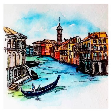 Suluboya resim. Venice.Italy.Italy evleri ve suyla, kroki tarzda çizilmiş. Suluboya cityscape. 
