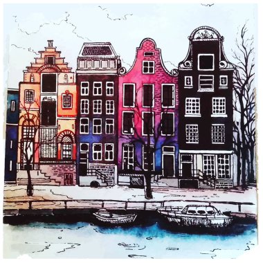 Danimarka gezilebilecek yerler ve cityscape suluboya çizimi. Sıcak bellek kartpostal tasarım, herhangi bir grafik tasarım ve kitap Illustration icin elverisli. Nyhavn görünümünü doğal yaz