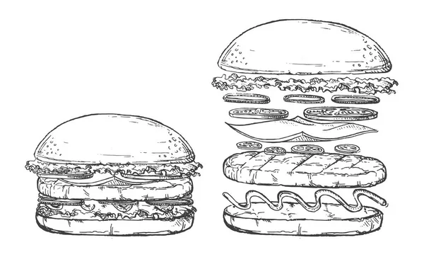  Lezzetli ve iştah açıcı hamburger çizburger. Güzel vektör el çekilmiş parmak gıda Illustration.Vintage taslak öğe etiketleri ve kartları design.american için gıda. -  