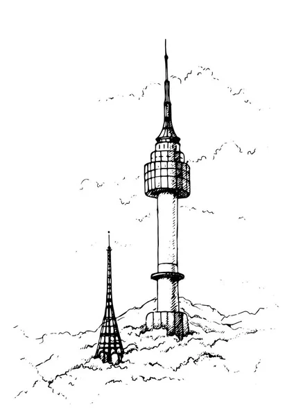 Ilustración Dibujada Mano Torre Seúl Torre Namsan Corea Del Sur — Vector de stock