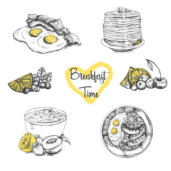 Dengeli beslenme. Kahvaltı ve Brunch. Yemek menü tasarımı. Vintage elle çizilmiş kroki vektör çizim. Oyulmuş tarzı görüntü. Geleneksel kahvaltı. 