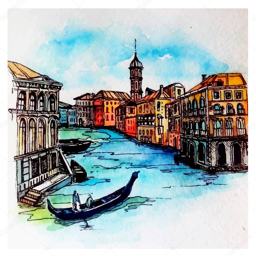 Watercolor painting.Venice.Italy.Italy with houses and water, drawn in sketch style.Watercolor cityscape. 