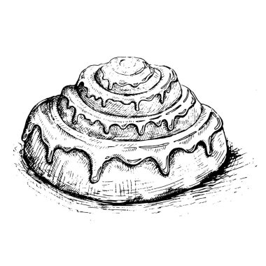 Pastane. Somun ekmek. Vektör çizim gıda. Cinnabon bun. Tatlı tarçın rulo el çizilmiş kroki.