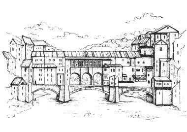 Ponte Vecchio ve Arno Nehri Floransa, Toskana, Italy.Vintage seyahat kroki Ponte Santa Trinita (Kutsal Trinity Köprüsü) üzerinden köprü. Retro tarzı turistik kartpostal, poster ya da kitap illüstrasyon.