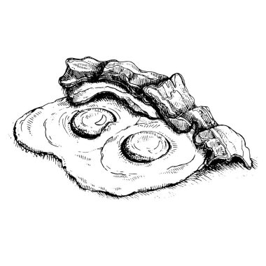 Pastırmalı kızarmış yumurta olarak İngiliz kahvaltısı. Geleneksel kahvaltı kroki çizimi. Menü, kafe, Restoran, poster, afiş, amblem, etiket, afiş ve diğer tasarım için kullanılabilir.