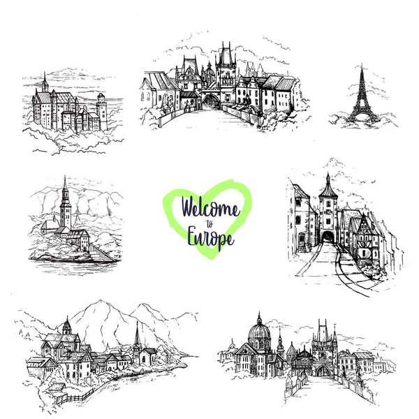 Ilustrasi Sketsa Gambar Tangan Vector Drawing Set Perjalanan Eropa Prague - Stok Vektor