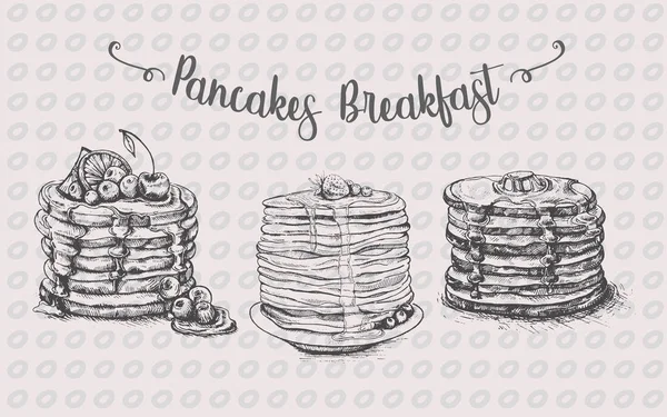 Pfannkuchen Set Illustration Pfannkuchen Mit Beeren Und Ahornsirup Sketch Stil — Stockvektor