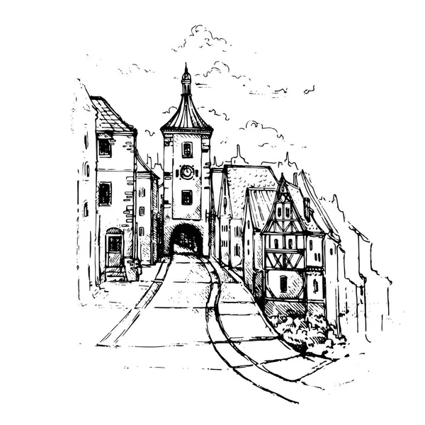  Rothenburg ob der Tauber, Almanya, Avrupa. Romantik şehir tarihi kent. Seyahat kroki. Vintage el çekilmiş kartpostal. Vektör çizim 