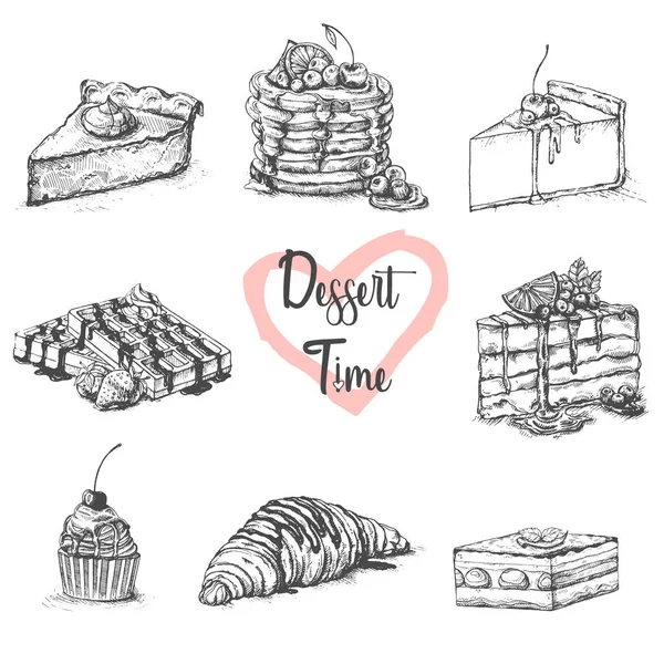 Esquisse Set Dessert Illustration Vectorielle Dessinée Main Shop Café Affiche — Image vectorielle