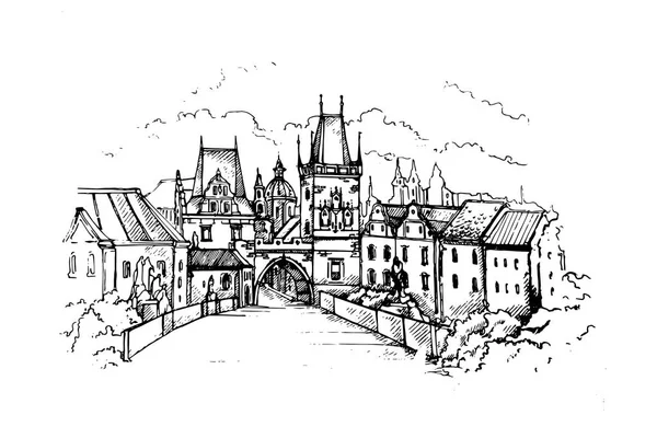 Vektör çizim Prag'ın ana turistik şafak: daha az kasaba köprü kuleleri ve Charles Köprüsü ve Prag castel üzerinde. Çek Cumhuriyeti, Bohemia.Sketch 