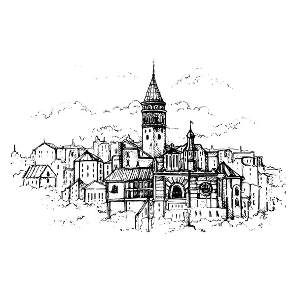 Haliç, Istanbul, Turkey.Sketch Galata Kulesi ve Karaköy baskı, kart, afiş tasarımı için eski şehir Istanbul.Vector yarım yamalak illüstrasyon sokakta üç aylık dönem.