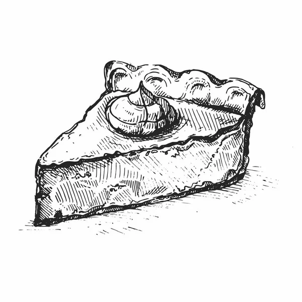 Sketch.Drawing ile çırpılmış krem, geleneksel Amerikan Şükran günü tatlı tepesinde kabak pasta parça. Çizilmiş vektör çizim el.