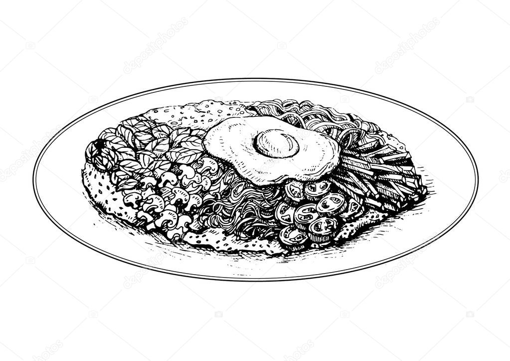 Bibimbap, traditional Korean dish, rice with vegetables.Korean food menu restaurant. Korean food sketch menu. Asian food background. Vector illustration.Linear graphic. Engraved style.Korean cuisine. 