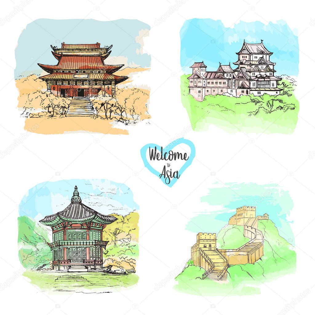 Hand drawn architecture sketch set of landmarks of Asia.Bukchon watercolor.Seoul,South Korea.Gyeongbokgung Palace.Hyangwonjeong.Himeji Castle.Japan.Marble Temple of Bangkok, Thailand.The Great Wall