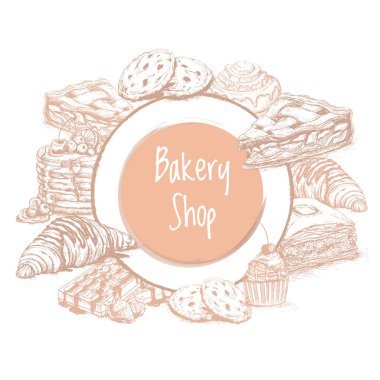 Ekmek en iyi görünümü çerçeve. El ekmek, pasta, tatlı ile çizilmiş kroki. Fırın vektör çizim ayarlayın. Arka plan şablonu tasarımı için. Oyulmuş gıda resim.