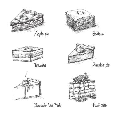 Mürekkep topluluğu vektör çizilmiş meyve el ve illüstrasyon pişirme berry. Geleneksel pasta, turta ve pasta kroki Vintage kümesi. Tiramisu.Cheesecake.Pumpkin pasta. Elmalı turta. Baklava.Fruit pasta.