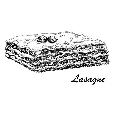 El vektör Illustration geleneksel İtalyan sığır lazanya çekilmiş. İtalyan mutfağı. Kroki. Menü, kafeterya, Restoran için kullanılabilir,
