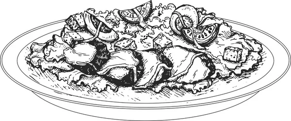 Tavuk salatası masasında plakalı. Vektör çizimi salata ile çizilmiş doodle ver. Gösterim amacıyla menü, yemek tarifleri ve paketleri ürün. Sezar salatası