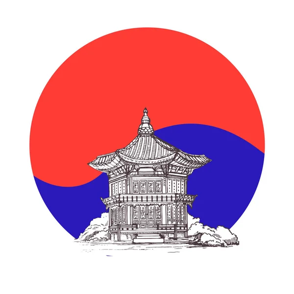 Gyeongbokgung Palace Seoul Dél Korea Zászló Hyangwonjeong Pavilon Tavon Vázlat — Stock Vector