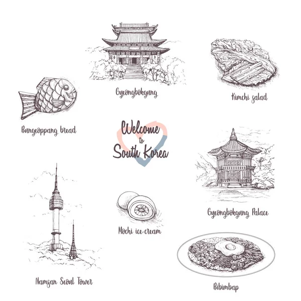 Resimde Güney Kore kültür sembol kümesi. Asya gıda, mimari kroki. Kore yemeği ayarla doodle, kimchi çorbası, bibimbap, mochi. Seoul gezi. Vintage turistik kartpostal, poster ya da kitap illüstrasyon.