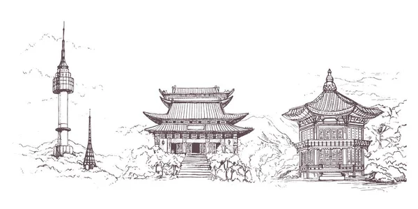 ソウル市 すべての有名な塔を持つライン アートのベクトル図です Showplace World 休暇旅行観光アジア コレクションに線形のバナーです Gyeongbokgung Palace Bukchon — ストックベクタ