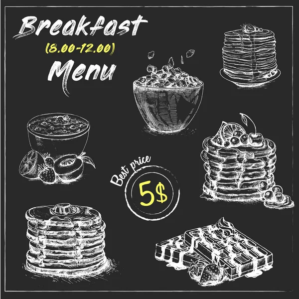 VINTAGE Poster. Kahvaltı menüsü. Kara tahta ayarlayın. Elle çizilmiş kahvaltı seti. Gıda öğeleri koleksiyonu. Vektör çizim. Pancakes.Oatmeal.Cereal.Waffles