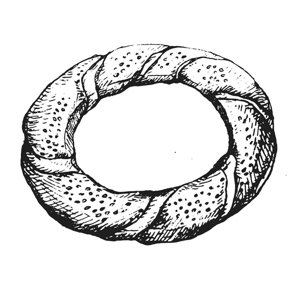 Geleneksel simit simit. Çizgi film vektör çizim. Türk susam çörek. Istanbul geleneksel tatlar. Kroki.
