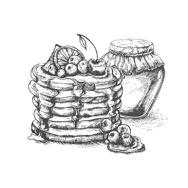 Disegno Pancake Vintage Vettoriale Illustrazione Alimentare Monocromatica Disegnata Mano Ottimo — Vettoriale Stock