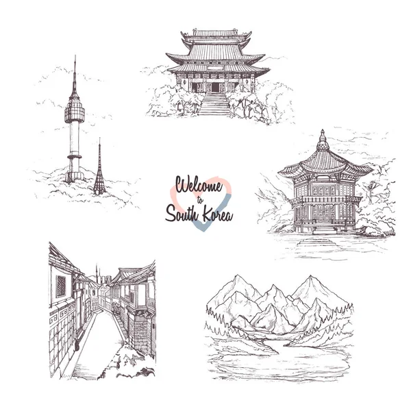 República Corea Dibujos Dibujados Mano Ciudad Dibujos Seúl Set Sightseeing — Vector de stock