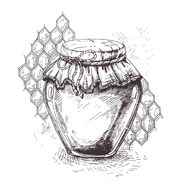 꿀의 jar, 스케치 스타일 벡터 일러스트 레이 션은 흰색 배경에 고립. 닫힌된 뚜껑과 투명 한 유리 항아리에 꿀. 새겨진된 유기농 식품 손으로 그린 스케치 그림. — 스톡 벡터
