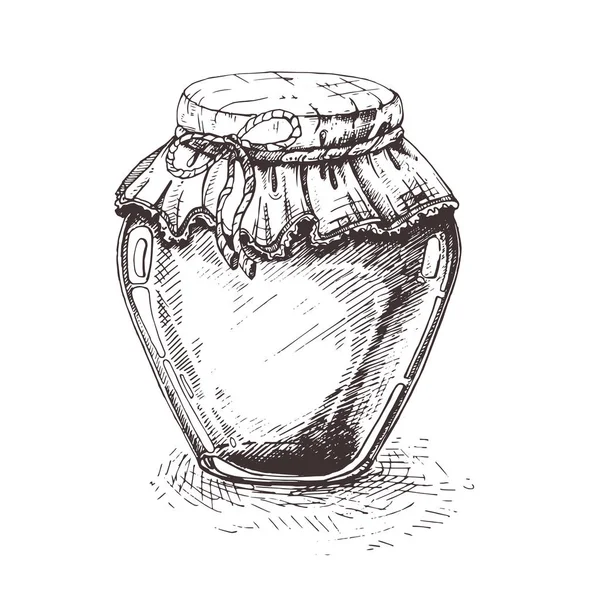 Glas Honig, skizzenhafte Vektorillustration isoliert auf weißem Hintergrund. Honig in transparentem Glas mit geschlossenem Deckel. Handgezeichnete Skizze Illustration. — Stockvektor
