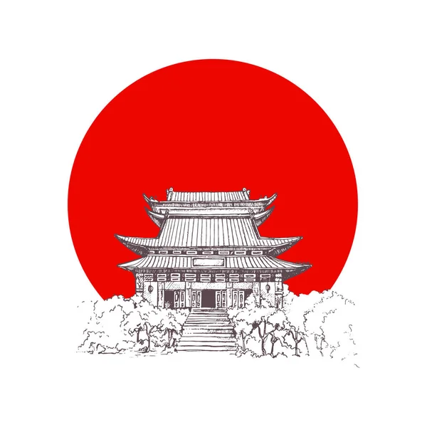 Geleneksel taş Kaide üzerine Japonya ahşap castle. Siyah ve beyaz kesikli stili robot resim, çizgi resim, çizim kalem ve mürekkep ile. Kızıl güneş. Japonya sembolleri.