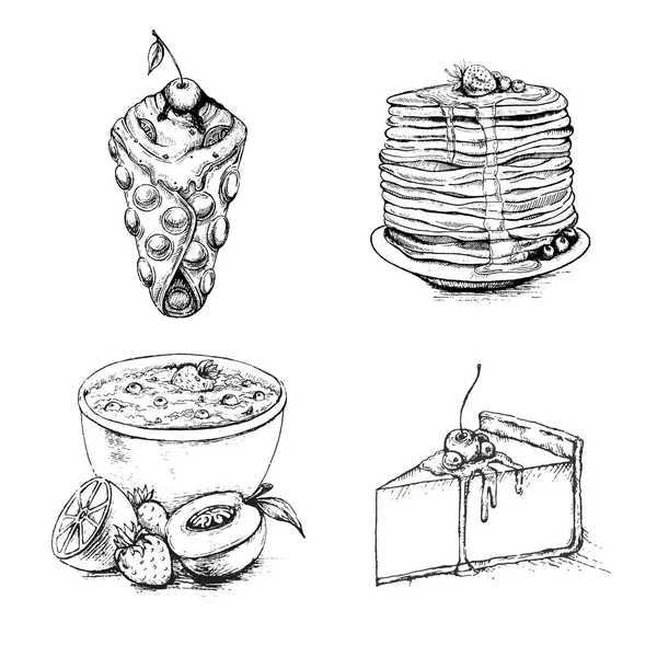 Bosquejo Colección Postres Lápiz Doodle Ilustración Tarta Tarta Queso Gofre — Archivo Imágenes Vectoriales