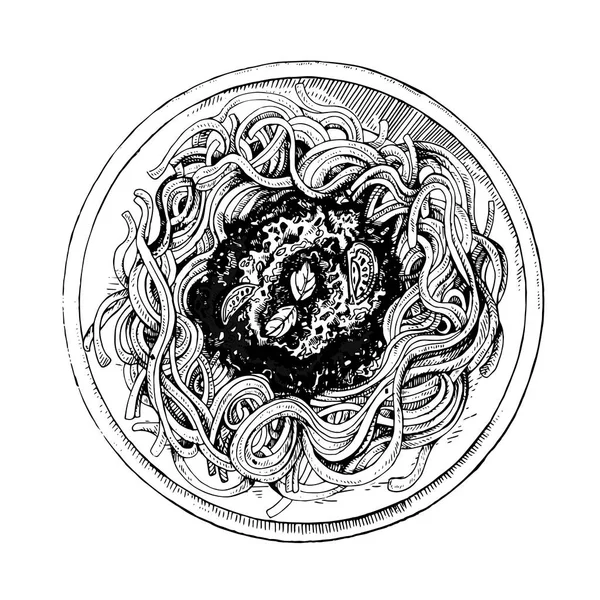 İtalyan mutfağı. Geleneksel spagetti bolognese fesleğen ve domates ile çizim çizimi. Üstten Görünüm.