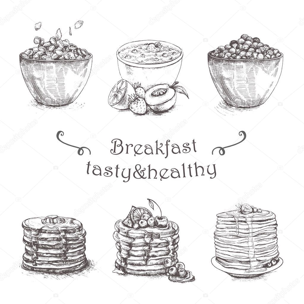 Illustration healthy breakfast bowl. Yogurt, granola, seeds, fresh and dry fruits and honey. Clean eating, dieting, detox, vegetarian food concept. Sketch Pancakes, cereal,oatmeal. Morning food menu.
