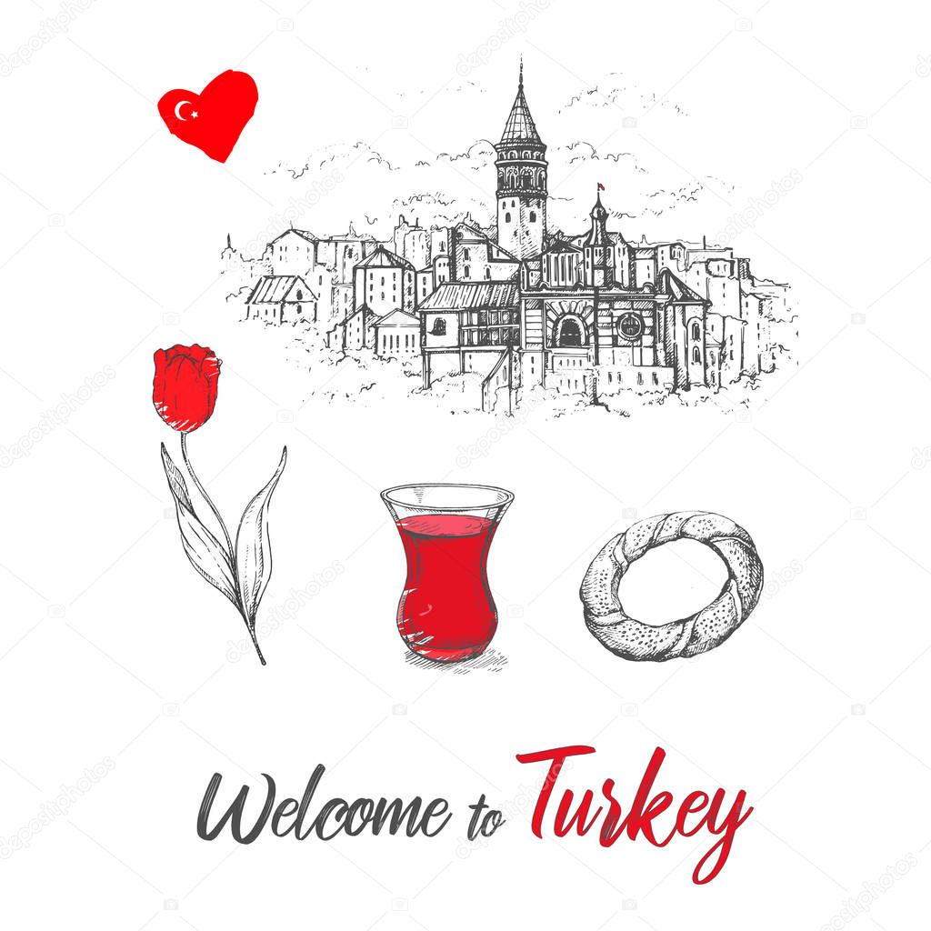 Vector illustration Istanbul with hand drawn doodle turkish symbols: Galata tower, tea glass,simit, tulip.Turkey Sketch.