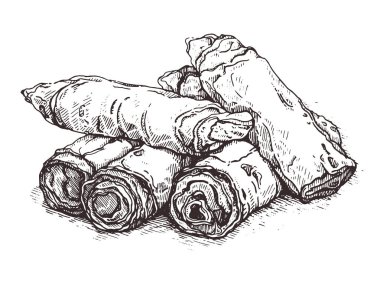 İllüstrasyon kızarmış Çin Geleneksel Bahar rulo gıda. Sketch.Asian cuisine restoran menüsü veya tarifi.