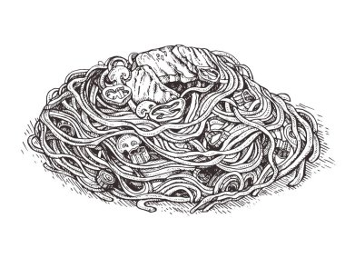 Sebze krokisi, mantarlar. Tavuk lu piliç Mein.Asia erişte. Çin mutfağı illüstrasyon. Menüler, tarifler ve paketler ürün için İllüstrasyon.