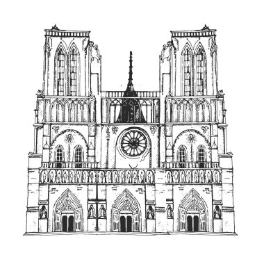 Fransa, Paris, beyaz arka plan daki mimari. Çizim. Notre Dame Katedrali çizim.