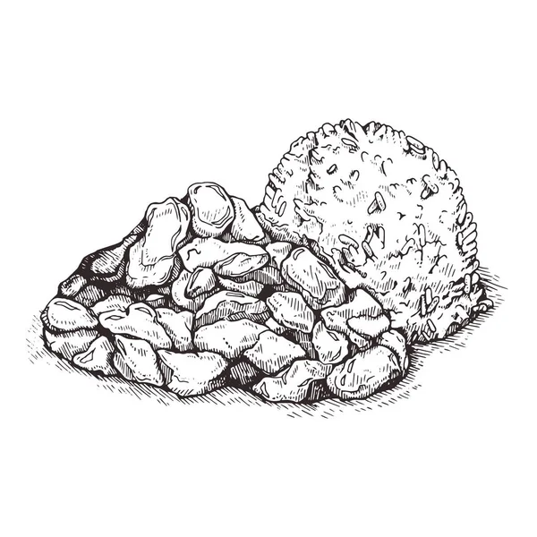 Tavuk ile İllüstrasyon Pirinç. Geleneksel Hint mutfağı, tavuk köri ve haşlanmış pirinç. Sketch.Tso'nun pilavlı tavuğu. Tatlı ve ekşi sos ile meyilli kızarmış tavuk parçaları.