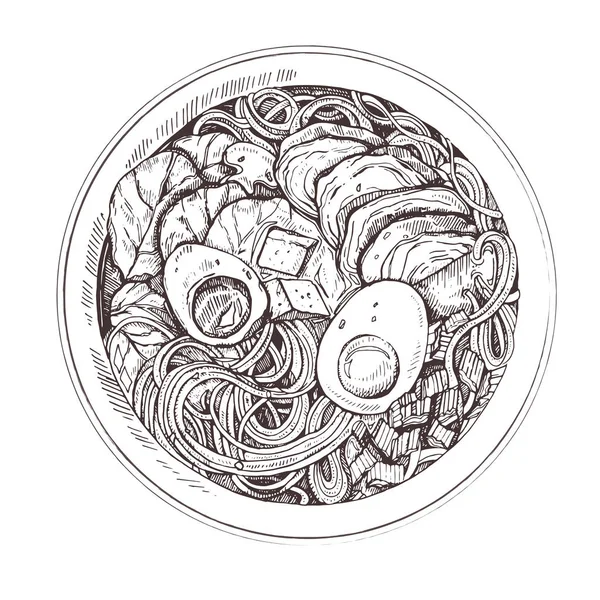 İllüstrasyon Asya şehriye çorbası, tavuk, tofu, sebze ve siyah kase yumurta ile ramen. Sketch.Japon mutfağı.