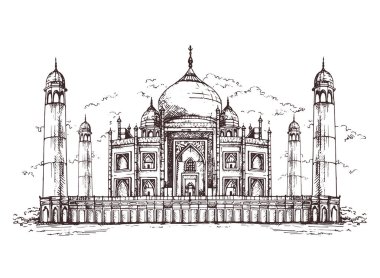  Tac Mahal Hindistan'da eski bir saray. dönüm noktası veya mimari, Hindu Tapınağı. Geleneksel türbe-cami. eski çizime çizilmiş oyulmuş el.
